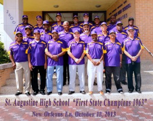 Attending St. Augustine High School’s Reunion Week, were members of the 1963 football team and coaching staff that were the first to capture a State Championship title for the school. From left to right, first row: Assistant Coach Otis Washington, McArthur McLaughlin, Ernest Irving, John Roussell, John Walker, Alvin Lee, Coach Eddie Flint, second row, Noel Fouche, Glenn Alexander, Alfred Jenkins, Charles Richard, Ellsworth McKendall, Jayson Blunt; third row, Sam Castle, Trainer Eric Fobbs, Charles Manego, Irvin Hawthorne, Danny Bakewell, Sidney Logan, Anthony Lowery and Walter Goodwin.